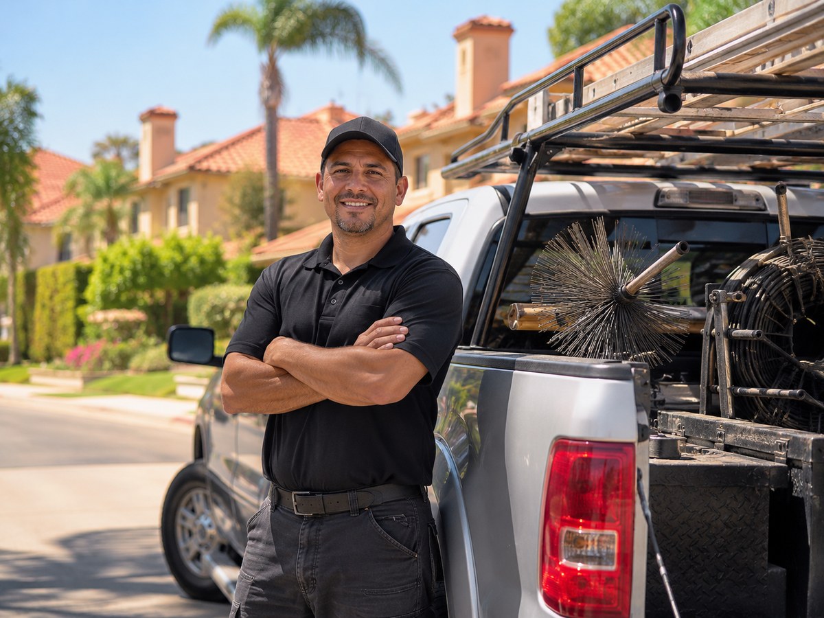Chimney service technician with a homeowner in Los Angeles