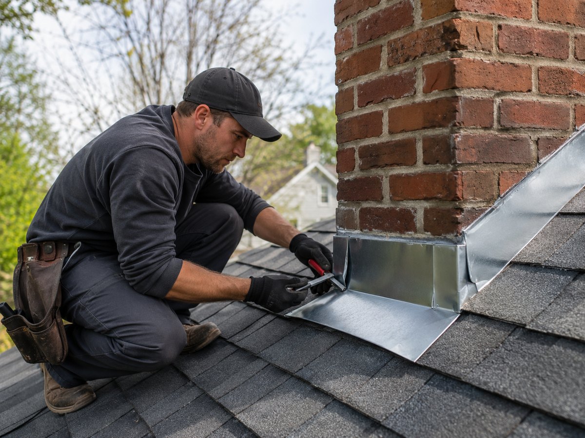 Residential rooftop showing chimney and surrounding shingles — chimney flashing repair in Los Angeles