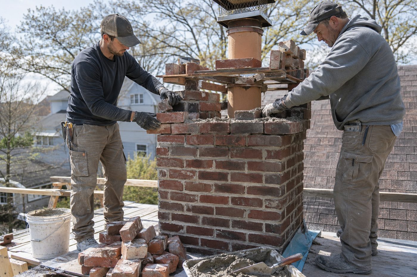 Masons rebuilding a brick chimney stack above the roof line