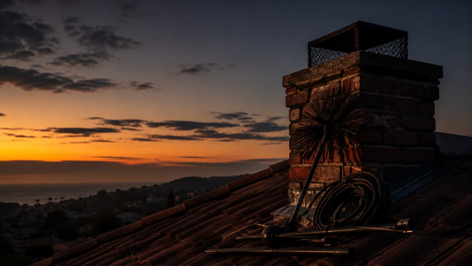 Chimney service tools on a rooftop at sunset