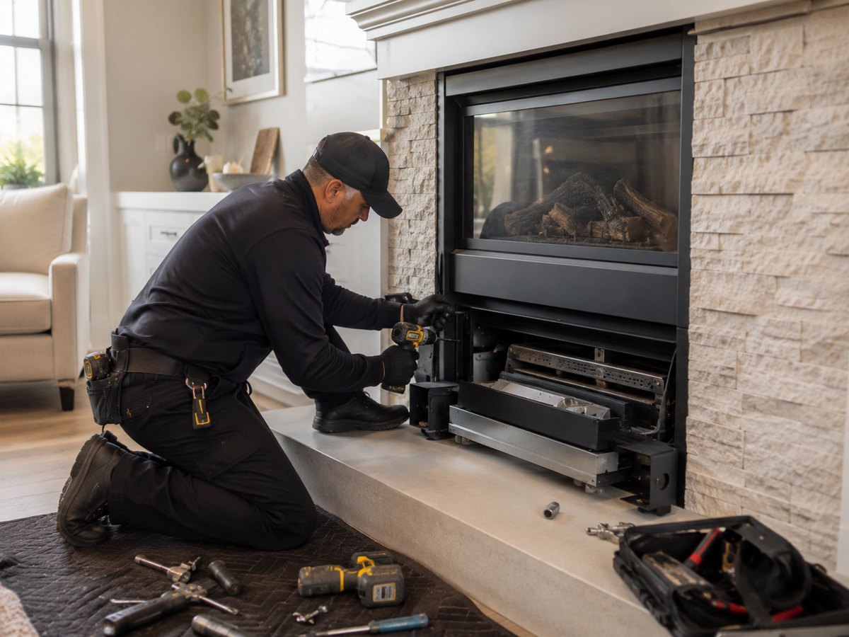 Technician cleaning a gas fireplace insert in a Los Angeles home