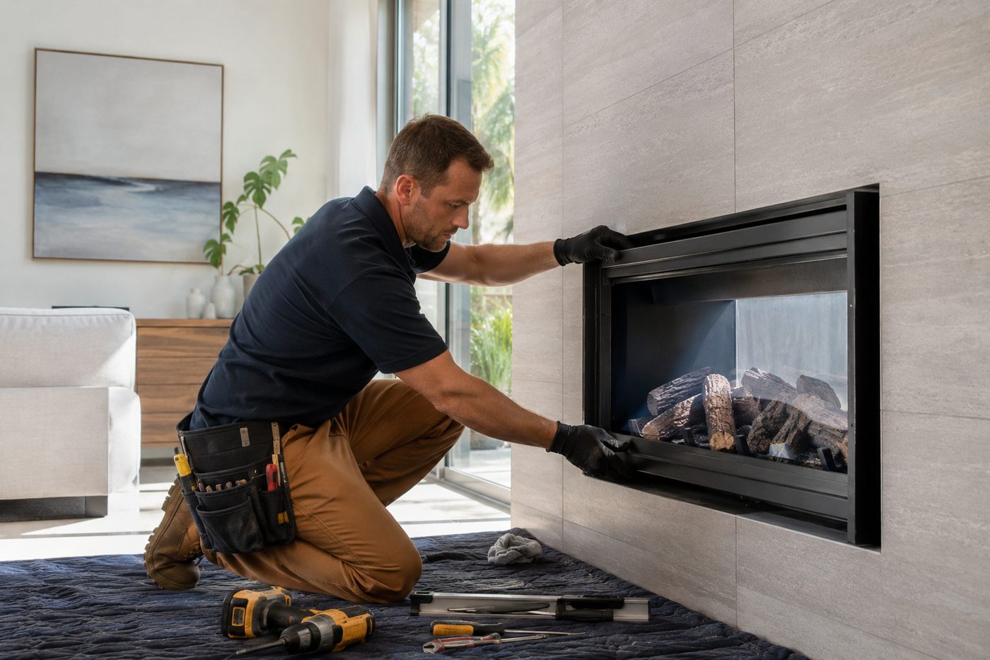 Gas fireplace installation setup in a Los Angeles home