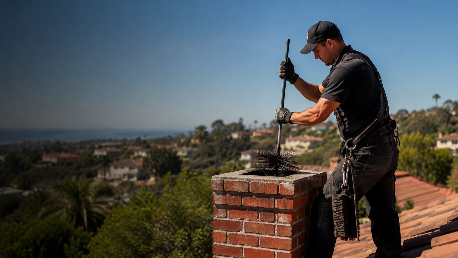 Chimney technician working on a rooftop chimney in Los Angeles