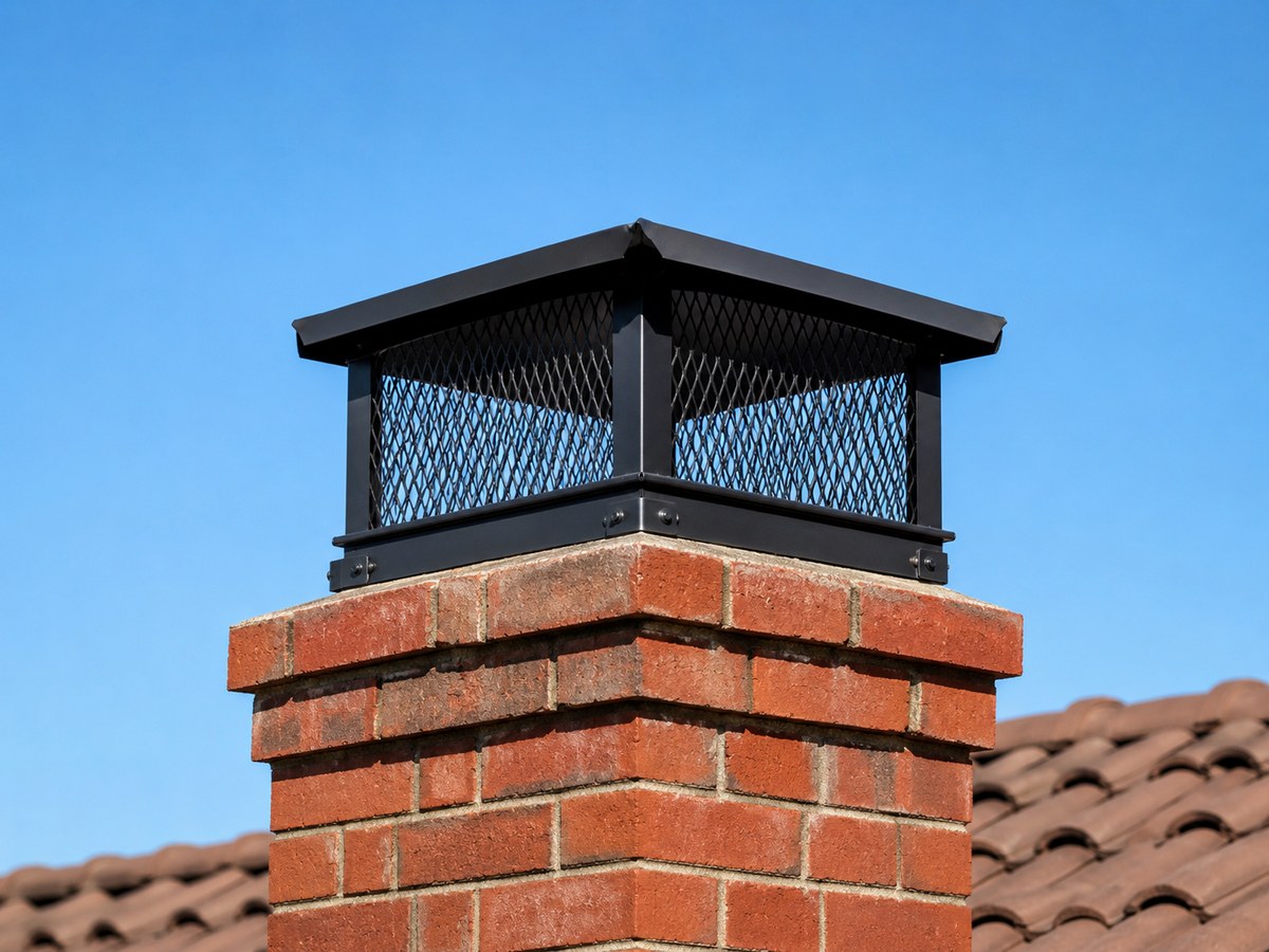 Brick chimney with black metal chimney cap installed on a tile roof