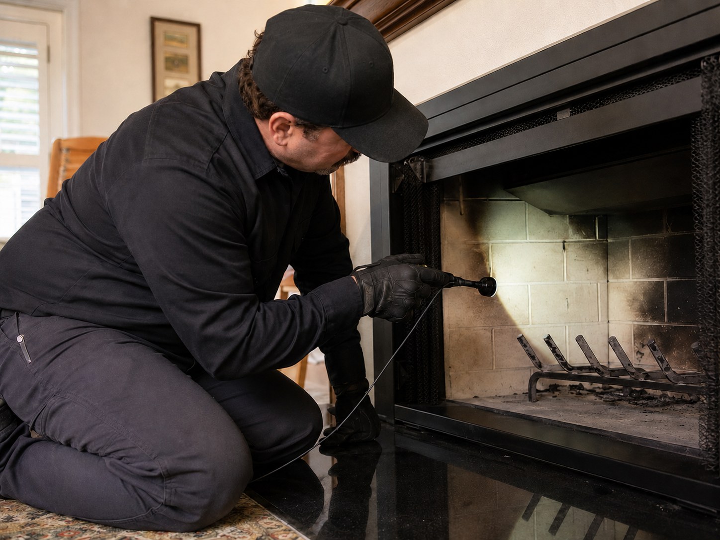 Technician inspecting a residential fireplace with a flashlight