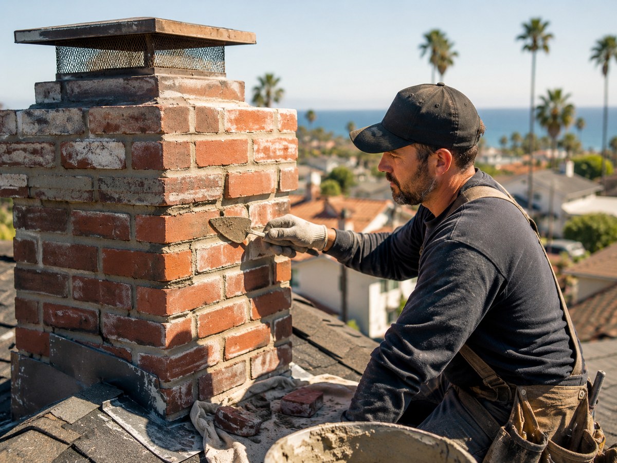 Brick chimney with mortar joints and replacement brick during masonry work