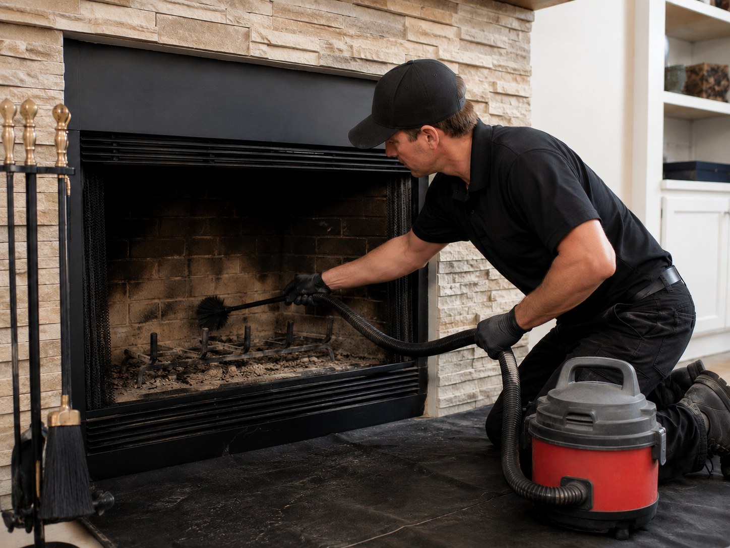 Technician cleaning a residential fireplace with basic fireplace cleaning tools