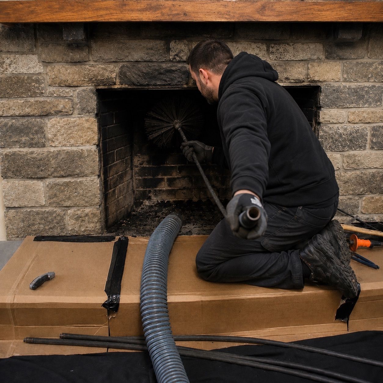 Technician performing chimney cleaning inside a residential fireplace