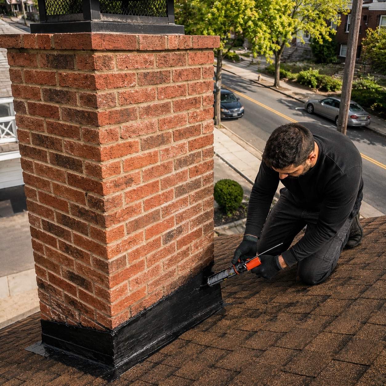 Water damage around a chimney requiring leak repair