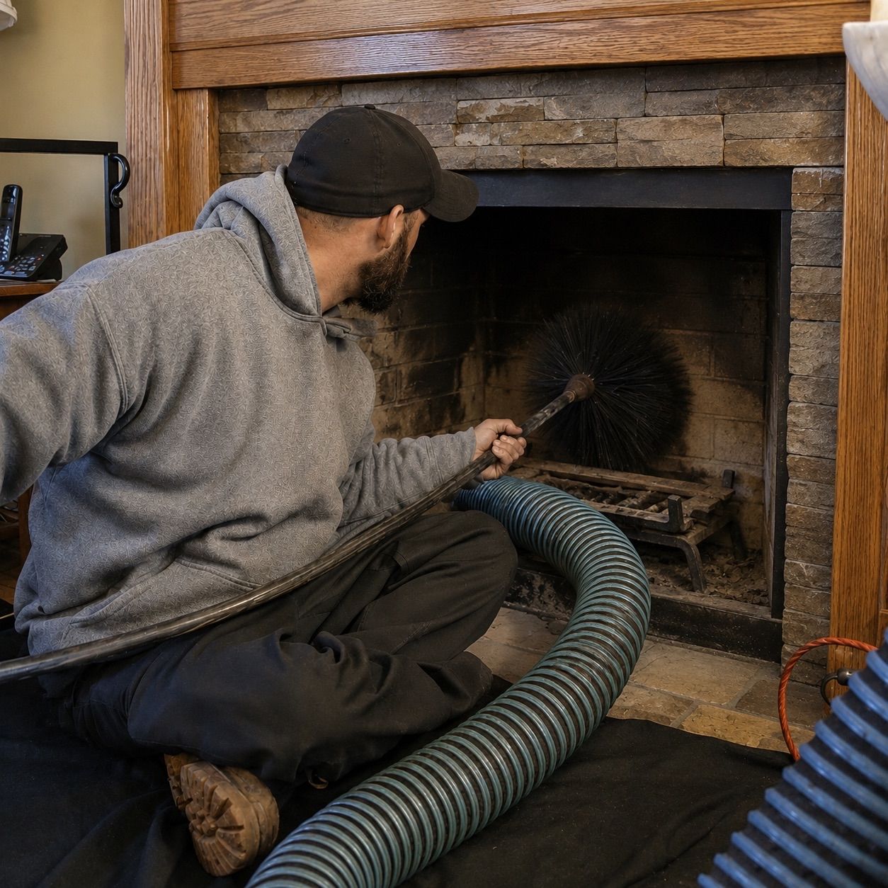 Chimney sweep working on a residential rooftop chimney