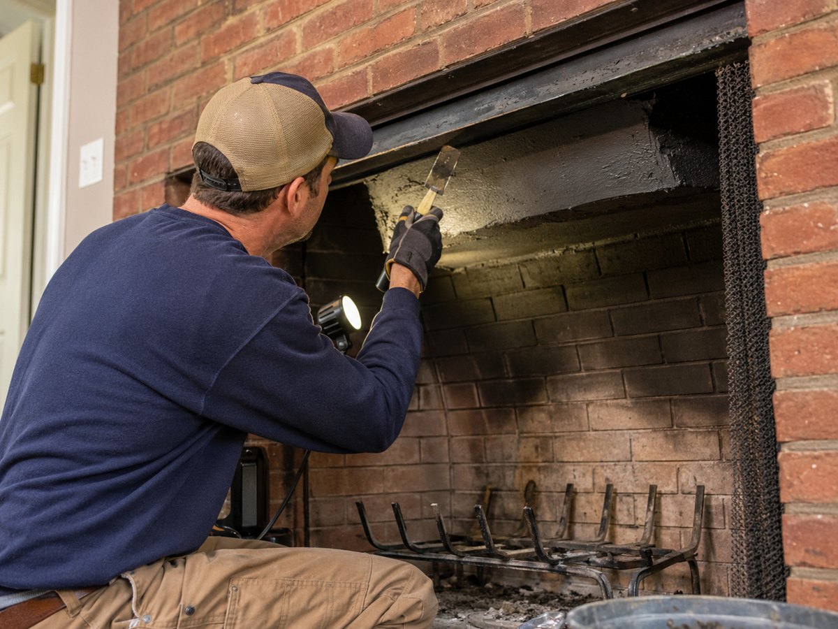 Technician repairing a smoke chamber inside a residential fireplace
