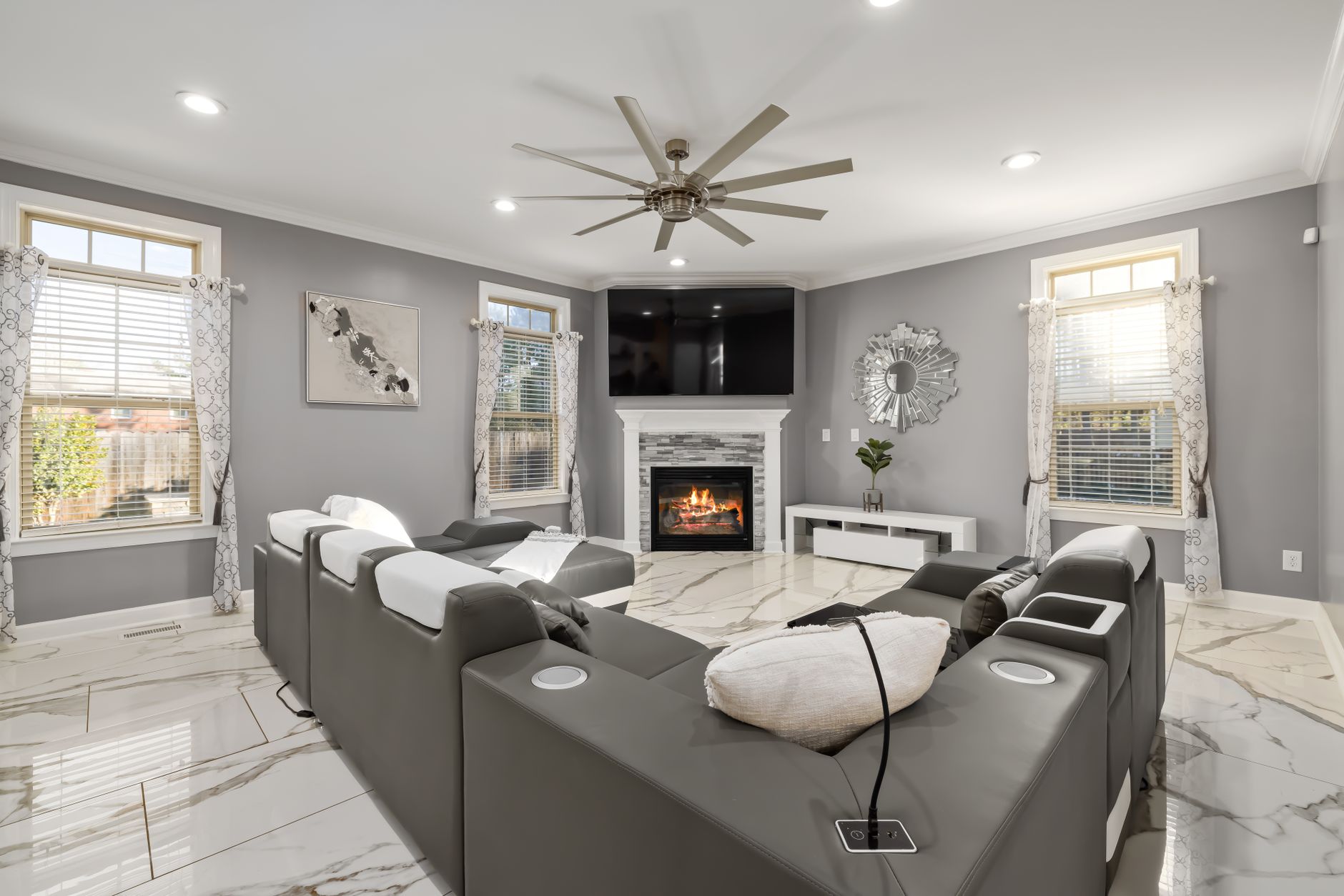 Modern electric fireplace insert in a contemporary living room — electric vs gas fireplace comparison